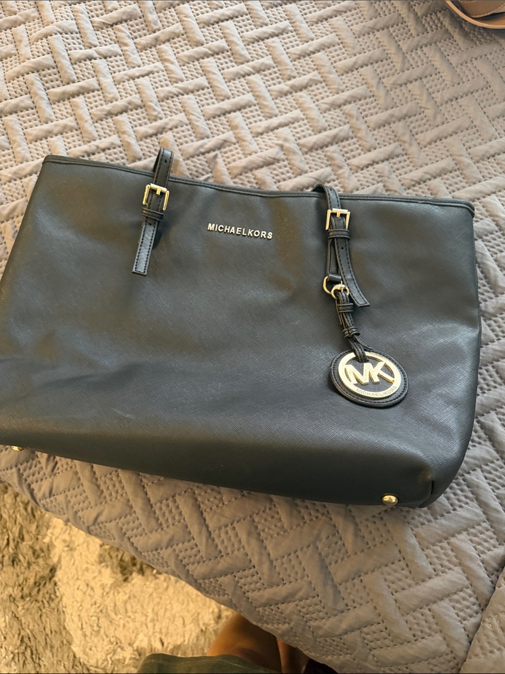 Michael Kors Black Leather Tote with Gold MK Charm